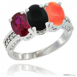 14K White Gold Natural Ruby, Black Onyx & Coral Ring 3-Stone Oval 7x5 mm Diamond Accent