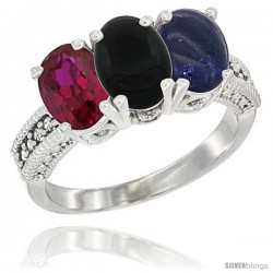 14K White Gold Natural Ruby, Black Onyx & Lapis Ring 3-Stone Oval 7x5 mm Diamond Accent