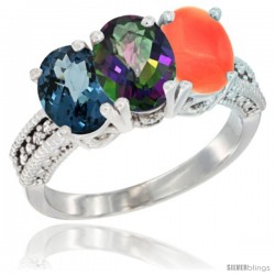 14K White Gold Natural London Blue Topaz, Mystic Topaz & Coral Ring 3-Stone 7x5 mm Oval Diamond Accent