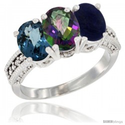 14K White Gold Natural London Blue Topaz, Mystic Topaz & Lapis Ring 3-Stone 7x5 mm Oval Diamond Accent