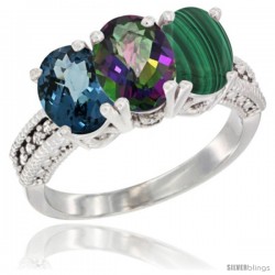 14K White Gold Natural London Blue Topaz, Mystic Topaz & Malachite Ring 3-Stone 7x5 mm Oval Diamond Accent