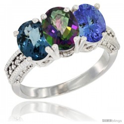 14K White Gold Natural London Blue Topaz, Mystic Topaz & Tanzanite Ring 3-Stone 7x5 mm Oval Diamond Accent