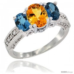 14k White Gold Ladies Oval Natural Citrine 3-Stone Ring with London Blue Topaz Sides Diamond Accent