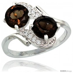 14k White Gold ( 7 mm ) Double Stone Engagement Smoky Topaz Ring w/ 0.05 Carat Brilliant Cut Diamonds & 2.34 Carats Round