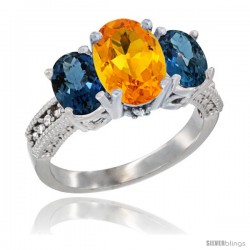 14K White Gold Ladies 3-Stone Oval Natural Citrine Ring with London Blue Topaz Sides Diamond Accent