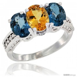 14K White Gold Natural Citrine & London Blue Topaz Sides Ring 3-Stone 7x5 mm Oval Diamond Accent