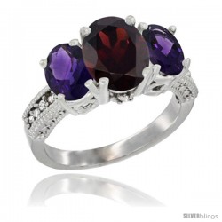 10K White Gold Ladies Natural Garnet Oval 3 Stone Ring with Amethyst Sides Diamond Accent