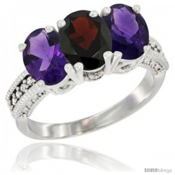 10K White Gold Natural Garnet & Amethyst Sides Ring 3-Stone Oval 7x5 mm Diamond Accent