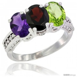 10K White Gold Natural Amethyst, Garnet & Peridot Ring 3-Stone Oval 7x5 mm Diamond Accent