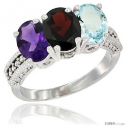 10K White Gold Natural Amethyst, Garnet & Aquamarine Ring 3-Stone Oval 7x5 mm Diamond Accent