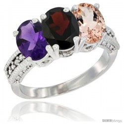 10K White Gold Natural Amethyst, Garnet & Morganite Ring 3-Stone Oval 7x5 mm Diamond Accent