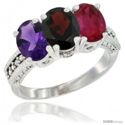 10K White Gold Natural Amethyst, Garnet & Ruby Ring 3-Stone Oval 7x5 mm Diamond Accent