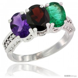 10K White Gold Natural Amethyst, Garnet & Emerald Ring 3-Stone Oval 7x5 mm Diamond Accent