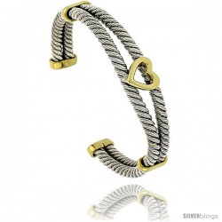 Sterling Silver & Brass Two Tone Double Cable Cuff Bangle Bracelet with Heart Center 1/2 in wide