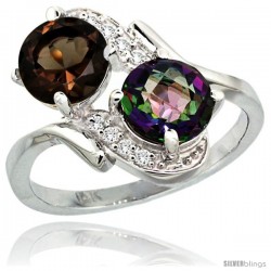 14k White Gold ( 7 mm ) Double Stone Engagement Smoky & Mystic Topaz Ring w/ 0.05 Carat Brilliant Cut Diamonds & 2.34 Carats