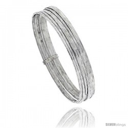 Sterling Silver Textured-Wire Flat 7 Band Stackable slip on Semanario Bangle 5/16 in wide, 7 in