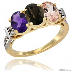 10K Yellow Gold Natural Amethyst, Smoky Topaz & Morganite Ring 3-Stone Oval 7x5 mm Diamond Accent