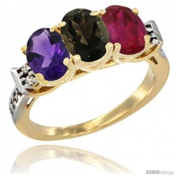 10K Yellow Gold Natural Amethyst, Smoky Topaz & Ruby Ring 3-Stone Oval 7x5 mm Diamond Accent