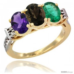 10K Yellow Gold Natural Amethyst, Smoky Topaz & Emerald Ring 3-Stone Oval 7x5 mm Diamond Accent