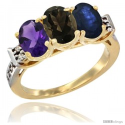 10K Yellow Gold Natural Amethyst, Smoky Topaz & Blue Sapphire Ring 3-Stone Oval 7x5 mm Diamond Accent