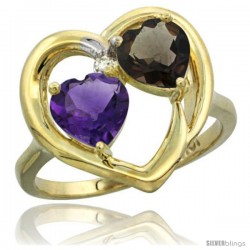 10k Yellow Gold 2-Stone Heart Ring 6mm Natural Amethyst & Smoky Topaz