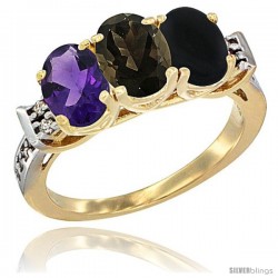 10K Yellow Gold Natural Amethyst, Smoky Topaz & Black Onyx Ring 3-Stone Oval 7x5 mm Diamond Accent