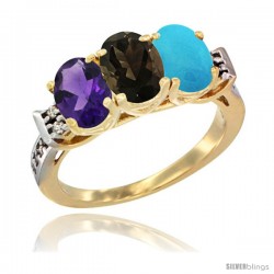 10K Yellow Gold Natural Amethyst, Smoky Topaz & Turquoise Ring 3-Stone Oval 7x5 mm Diamond Accent