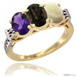 10K Yellow Gold Natural Amethyst, Smoky Topaz & Opal Ring 3-Stone Oval 7x5 mm Diamond Accent