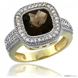 14K Yellow Gold Natural Smoky Topaz Ring Cushion-cut 9x9 Stone Diamond Accent