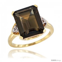 14k Yellow Gold Ladies Natural Smoky Topaz Ring Emerald-shape 12x10 Stone Diamond Accent