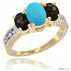 14k Yellow Gold Ladies Oval Natural Turquoise 3-Stone Ring with Smoky Topaz Sides Diamond Accent