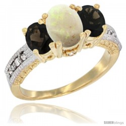 14k Yellow Gold Ladies Oval Natural Opal 3-Stone Ring with Smoky Topaz Sides Diamond Accent