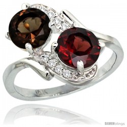 14k White Gold ( 7 mm ) Double Stone Engagement Smoky Topaz & Garnet Ring w/ 0.05 Carat Brilliant Cut Diamonds & 2.34 Carats