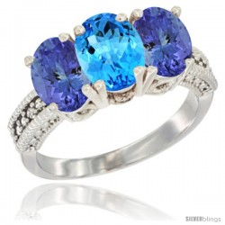 10K White Gold Natural Swiss Blue Topaz & Tanzanite Sides Ring 3-Stone Oval 7x5 mm Diamond Accent