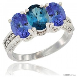 10K White Gold Natural London Blue Topaz & Tanzanite Sides Ring 3-Stone Oval 7x5 mm Diamond Accent