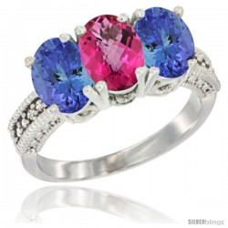 10K White Gold Natural Pink Topaz & Tanzanite Sides Ring 3-Stone Oval 7x5 mm Diamond Accent