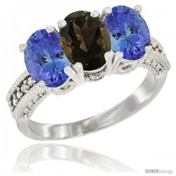 10K White Gold Natural Smoky Topaz & Tanzanite Sides Ring 3-Stone Oval 7x5 mm Diamond Accent