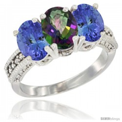 10K White Gold Natural Mystic Topaz & Tanzanite Sides Ring 3-Stone Oval 7x5 mm Diamond Accent