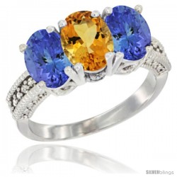 10K White Gold Natural Citrine & Tanzanite Sides Ring 3-Stone Oval 7x5 mm Diamond Accent