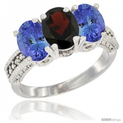 10K White Gold Natural Garnet & Tanzanite Sides Ring 3-Stone Oval 7x5 mm Diamond Accent