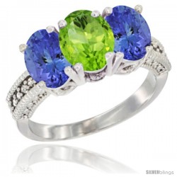 10K White Gold Natural Peridot & Tanzanite Sides Ring 3-Stone Oval 7x5 mm Diamond Accent