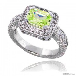 Sterling Silver Vintage Style Engagement ring, w/ an 8 x 6 mm (1.5 ct) Emerald Cut Light Peridot-colored CZ Stone, 7/16"