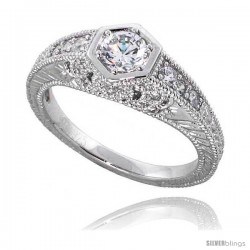 Sterling Silver Vintage Style Engagement ring, w/ a 4mm (.25 ct) Round CZ Stone, 5/16" (8 mm) wide