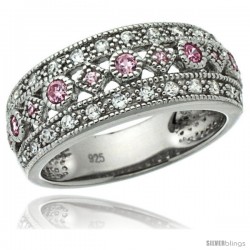 Sterling Silver Vintage Style Ring Band w/ Brilliant Cut Clear & Pink Sapphire Color CZ Stones, 5/16 in. (8 mm) wide