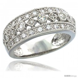 Sterling Silver Vintage Style Ring Band w/ Brilliant Cut CZ Stones, 5/16 in. (8 mm) wide