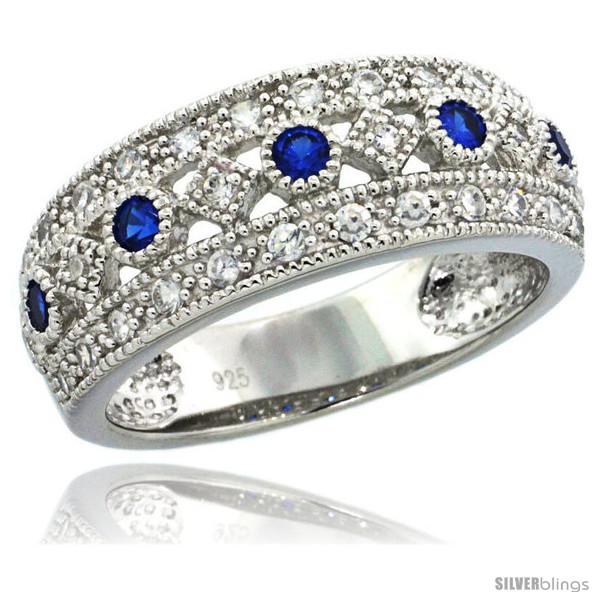Sterling Silver Vintage Style Ring Band w/ Brilliant Cut Clear & Blue  Sapphire Color CZ Stones, 5/16 in. (8 mm) wide