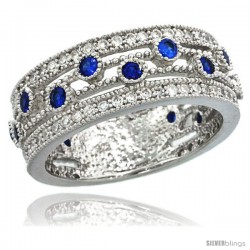 Sterling Silver Vintage Style Ring Band w/ Brilliant Cut Clear & Blue Sapphire Color CZ Stones, 5/16 in. (8 -Style Lr00075b