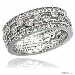 Sterling Silver Vintage Style Swirl Cut Outs Ring Band w/ Brilliant Cut CZ Stones, 9/32 in. (7.5 mm) wide