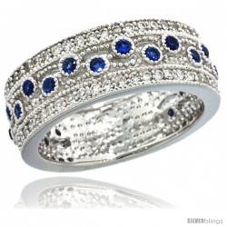 Sterling Silver Vintage Style Swirl Cut Outs Ring Band w/ Brilliant Cut Clear & Blue Sapphire Color CZ Stones, 9/32 in. (7.5