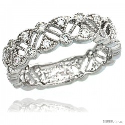 Sterling Silver Vintage Style Ring Band w/ Brilliant Cut CZ Stones, 1/4 in. (6 mm) wide